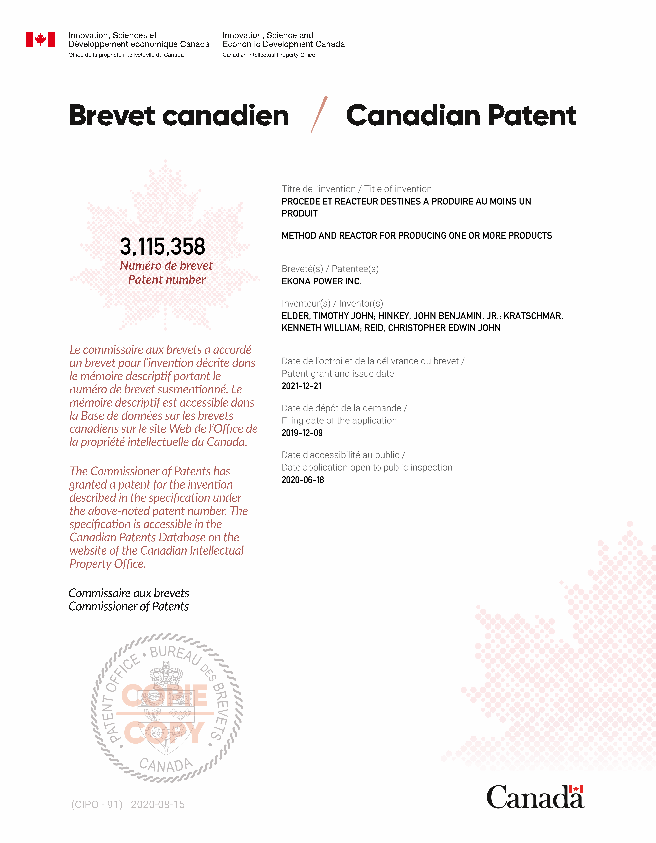 Canadian Patent Document 3115358. Electronic Grant Certificate 20211221. Image 1 of 1