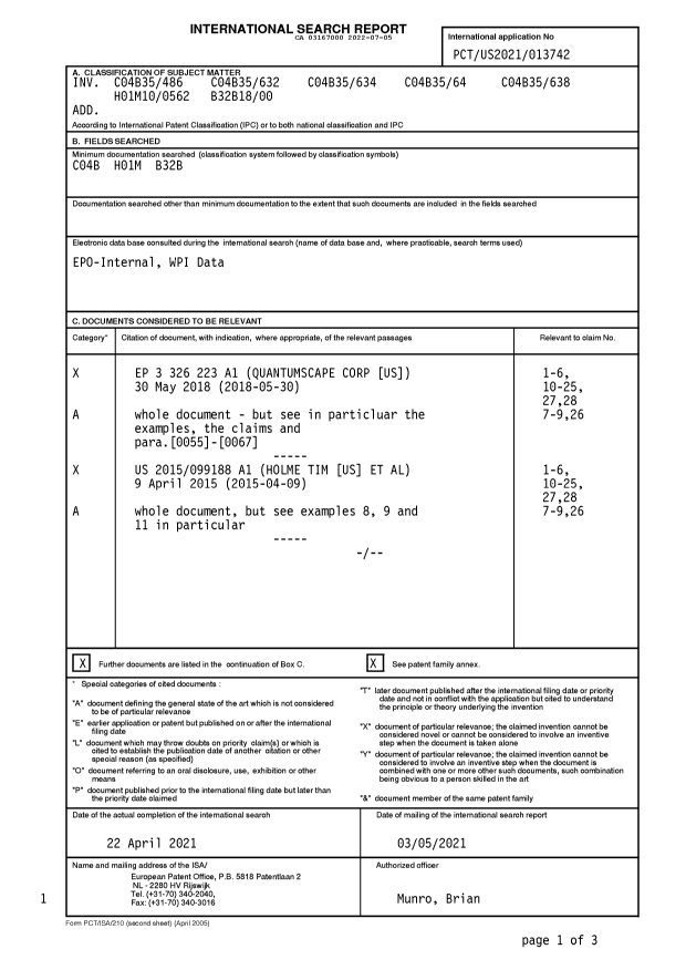Canadian Patent Document 3167000. International Search Report 20220705. Image 1 of 4