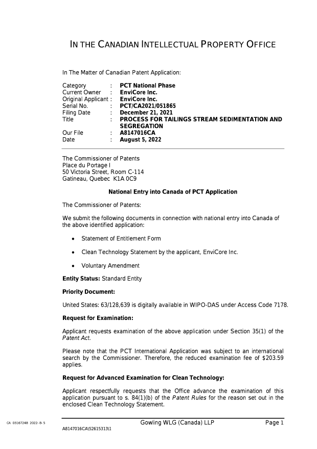 Canadian Patent Document 3167248. National Entry Request 20220805. Image 1 of 2