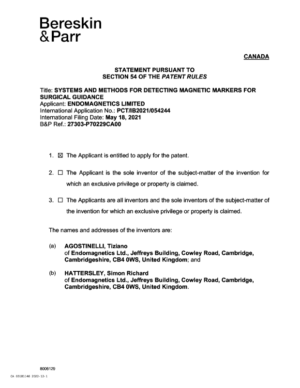 Canadian Patent Document 3181146. Declaration of Entitlement 20221201. Image 1 of 1