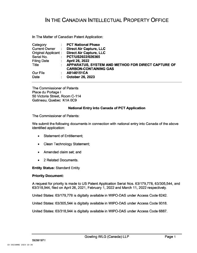 Canadian Patent Document 3216992. Voluntary Amendment 20231026. Image 1 of 7