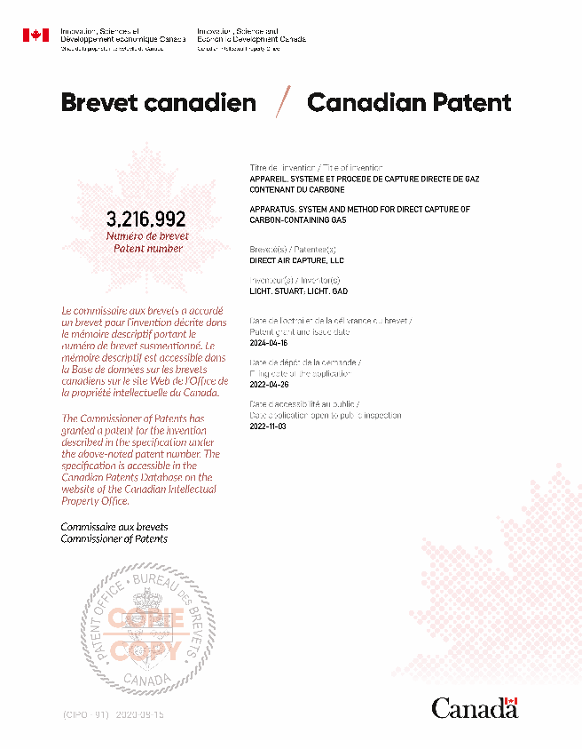 Canadian Patent Document 3216992. Electronic Grant Certificate 20240416. Image 1 of 1