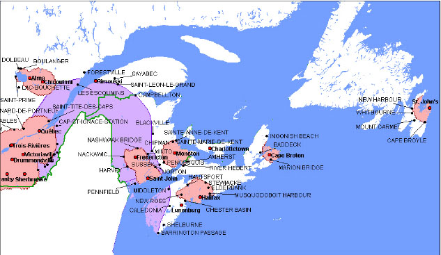 Carte de zones de service de Côte Est (la 

description détaillée se trouve sous l'image)
