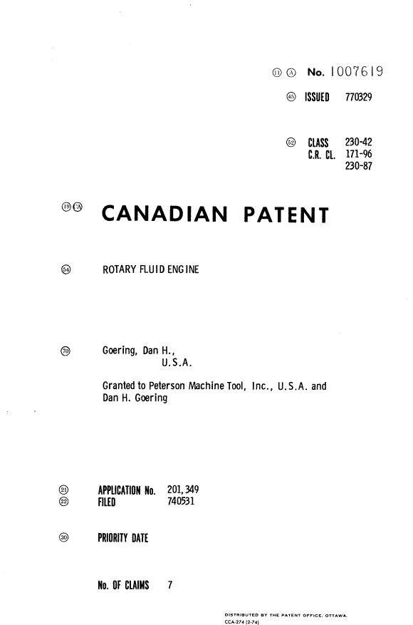 Canadian Patent Document 1007619. Cover Page 19940530. Image 1 of 1