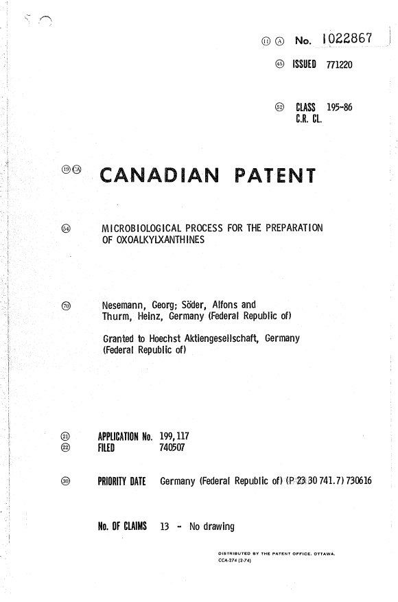 Canadian Patent Document 1022867. Cover Page 19940613. Image 1 of 1