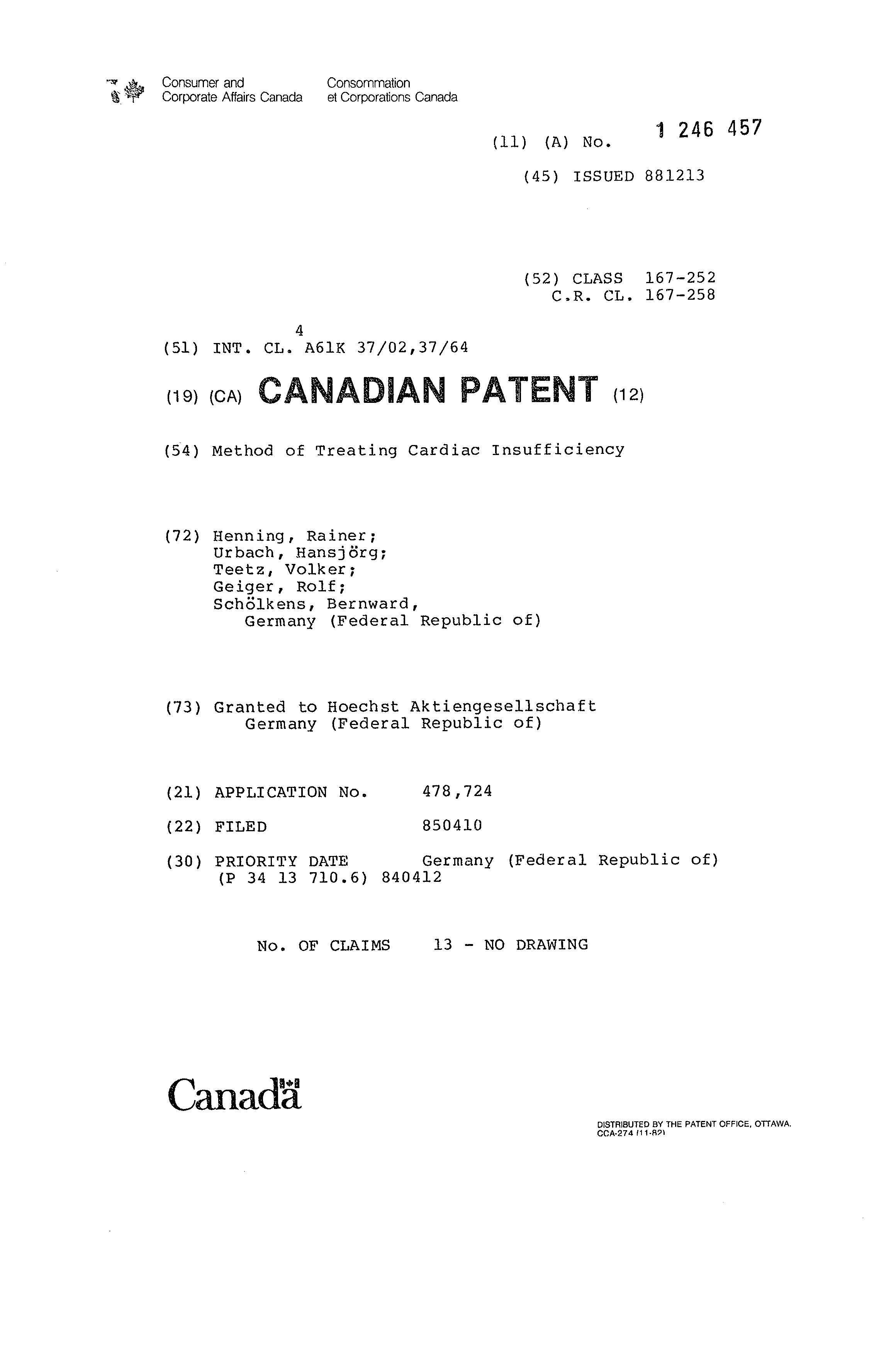 Canadian Patent Document 1246457. Cover Page 19921204. Image 1 of 1