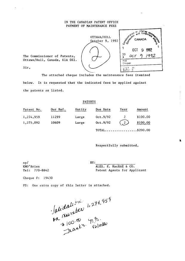 Canadian Patent Document 1275092. Fees 19921009. Image 1 of 1