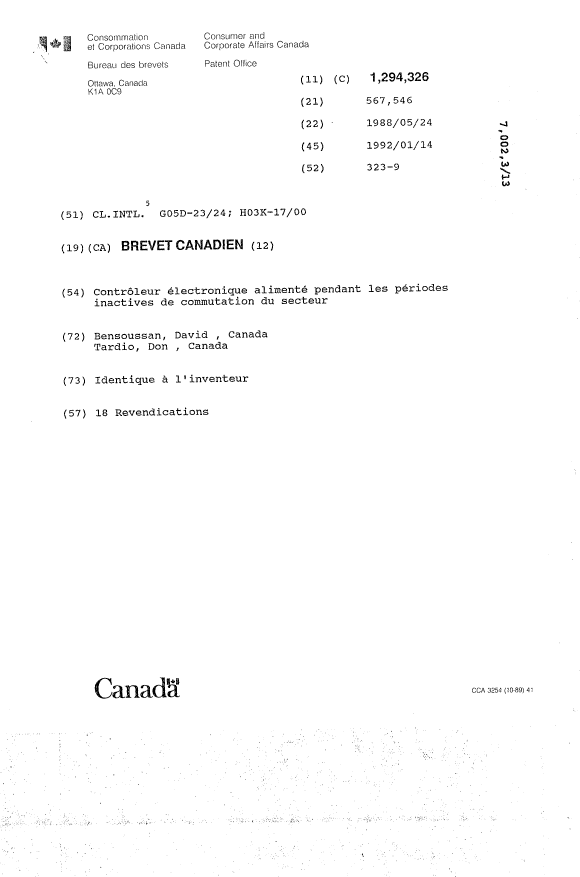 Document de brevet canadien 1294326. Page couverture 19940108. Image 1 de 1