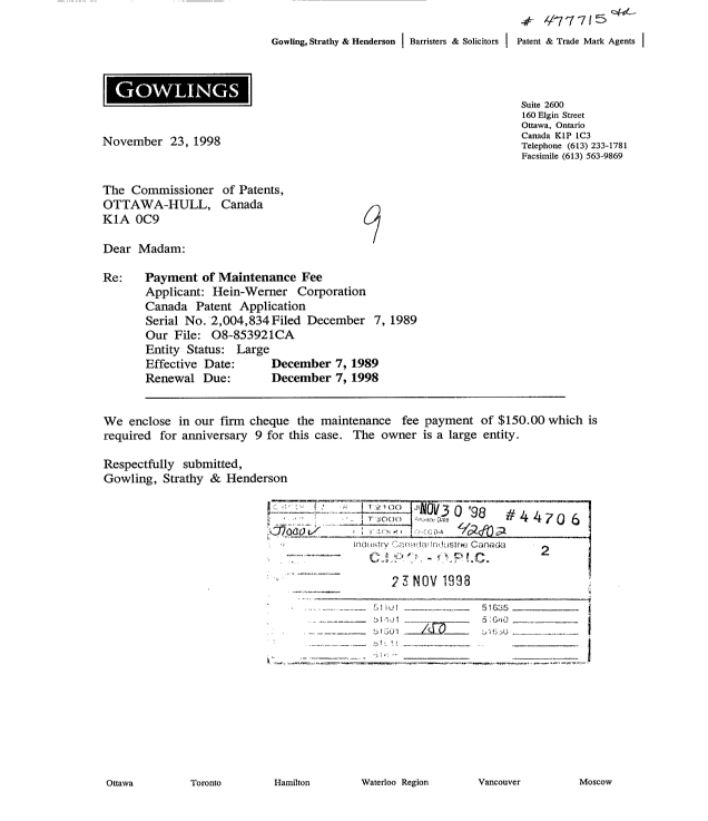Document de brevet canadien 2004834. Taxes 19981123. Image 1 de 1