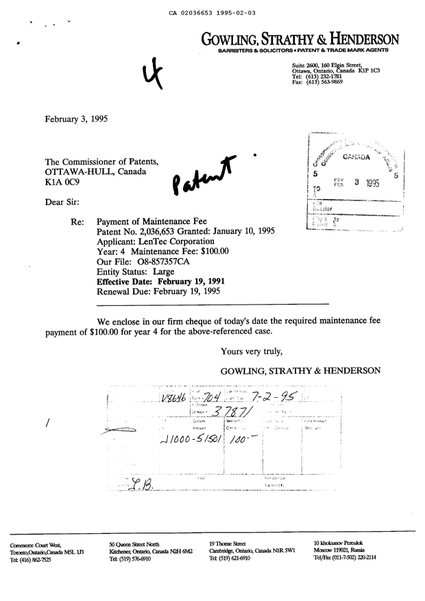 Canadian Patent Document 2036653. Fees 19950203. Image 1 of 1