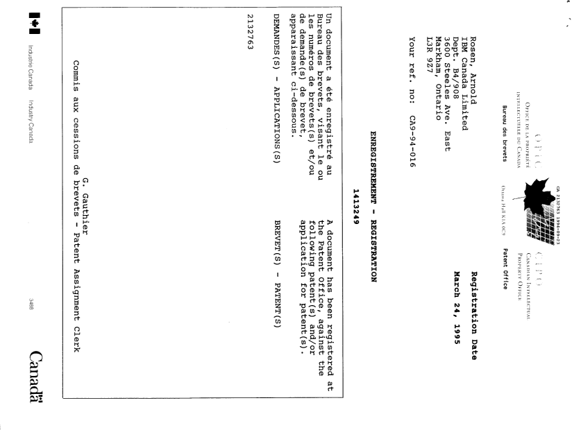 Canadian Patent Document 2132763. Prosecution Correspondence 19940923. Image 2 of 13