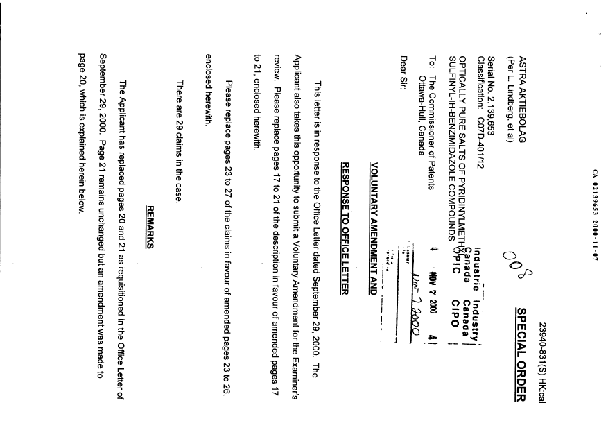 Canadian Patent Document 2139653. Prosecution-Amendment 20001107. Image 1 of 12