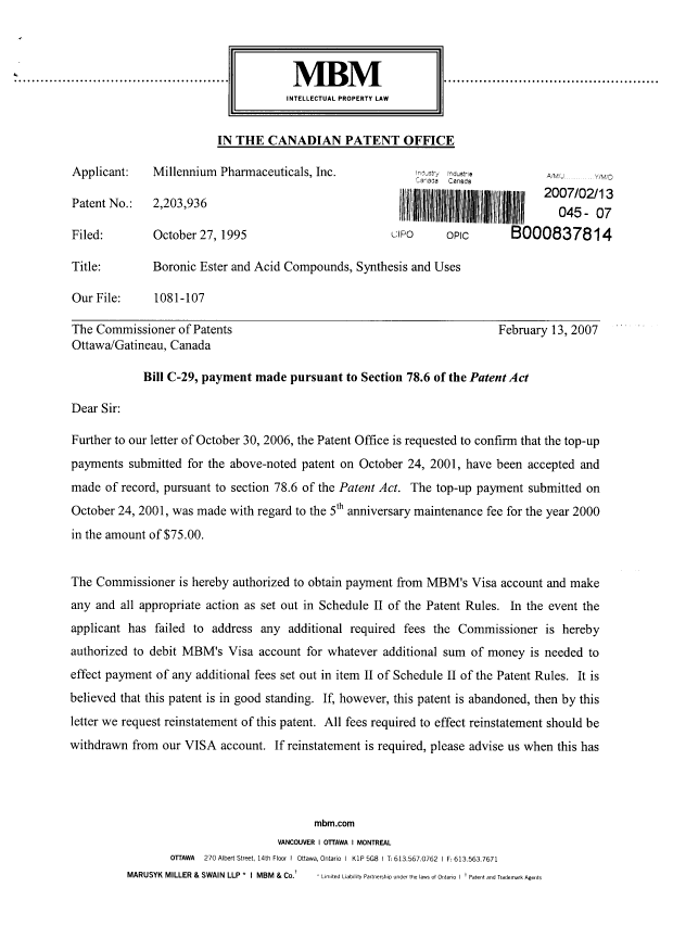 Canadian Patent Document 2203936. Prosecution-Amendment 20070213. Image 1 of 2