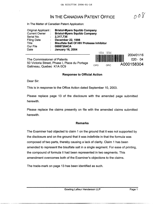 Document de brevet canadien 2317736. Poursuite-Amendment 20040116. Image 1 de 4