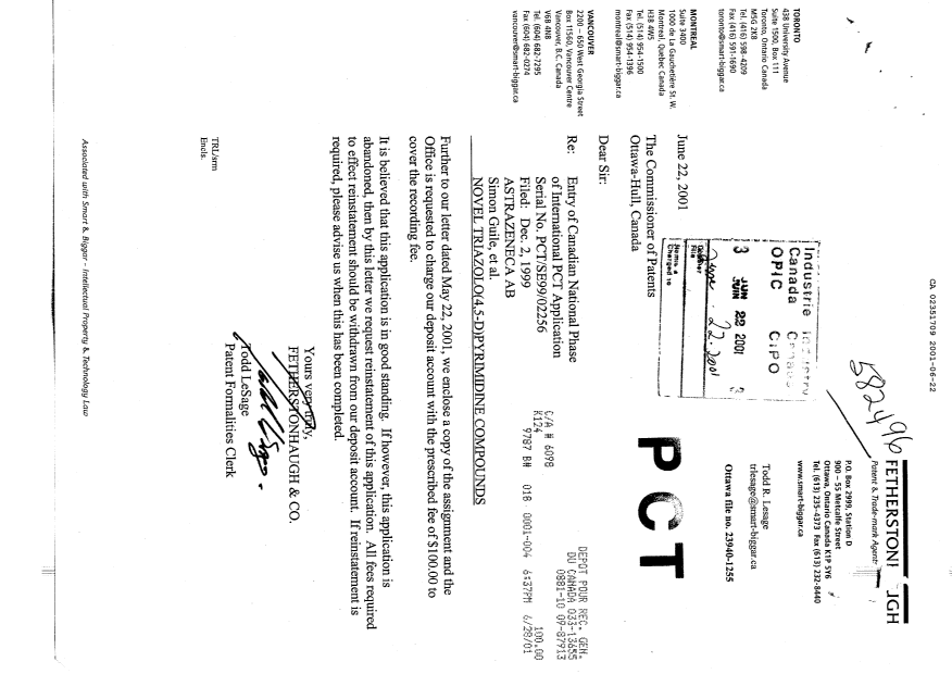 Canadian Patent Document 2351709. Assignment 20010622. Image 1 of 2