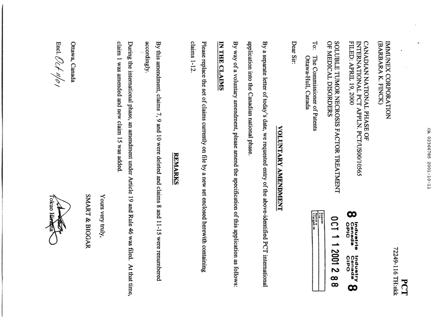 Canadian Patent Document 2366785. Prosecution-Amendment 20011011. Image 1 of 3