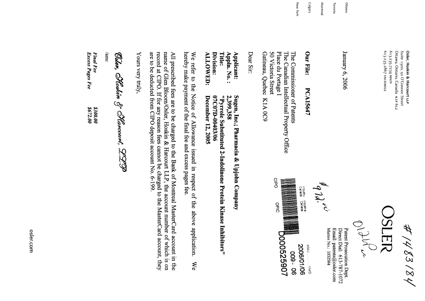Canadian Patent Document 2399358. Correspondence 20060106. Image 1 of 1