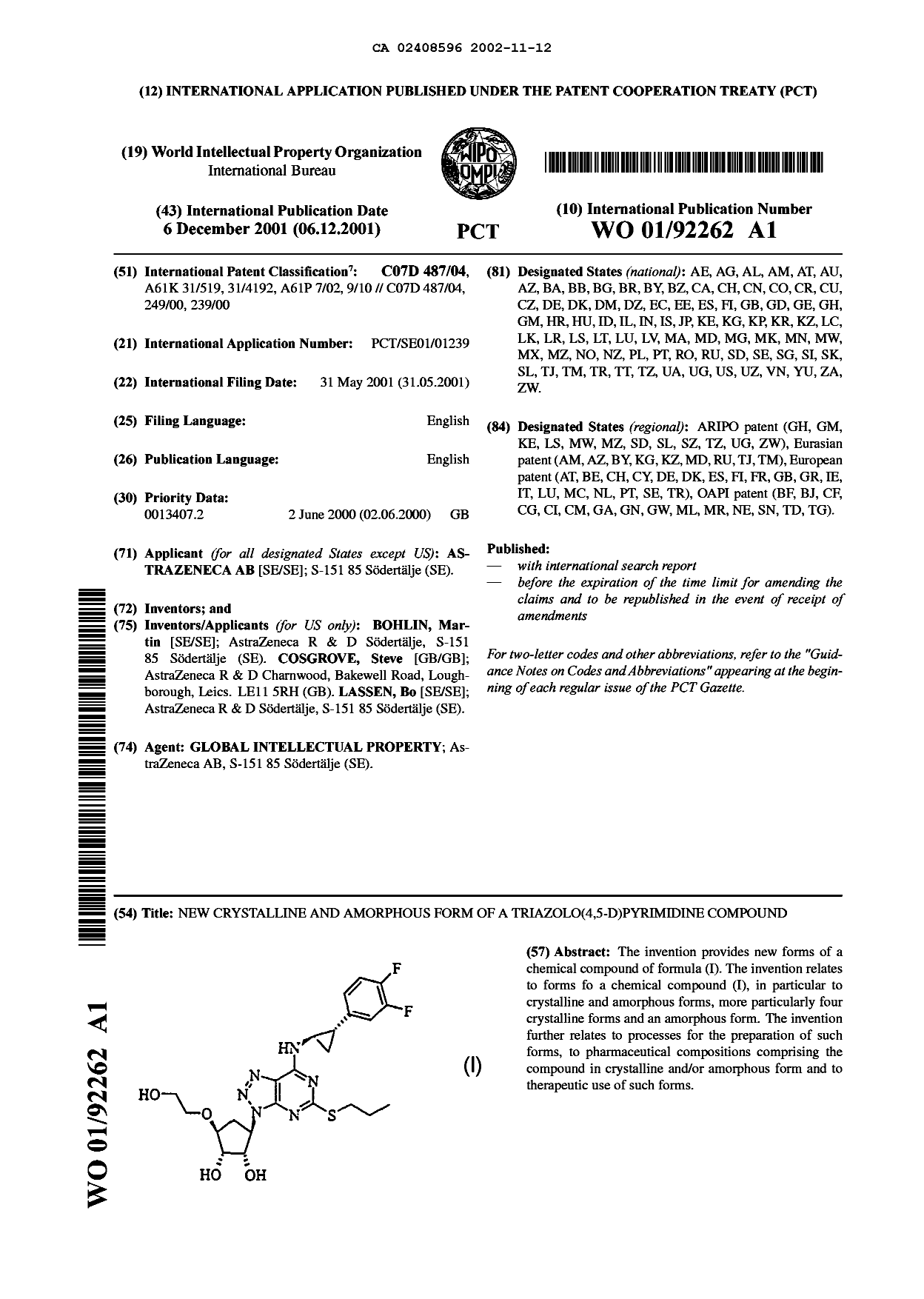 Document de brevet canadien 2408596. Abrégé 20011212. Image 1 de 1