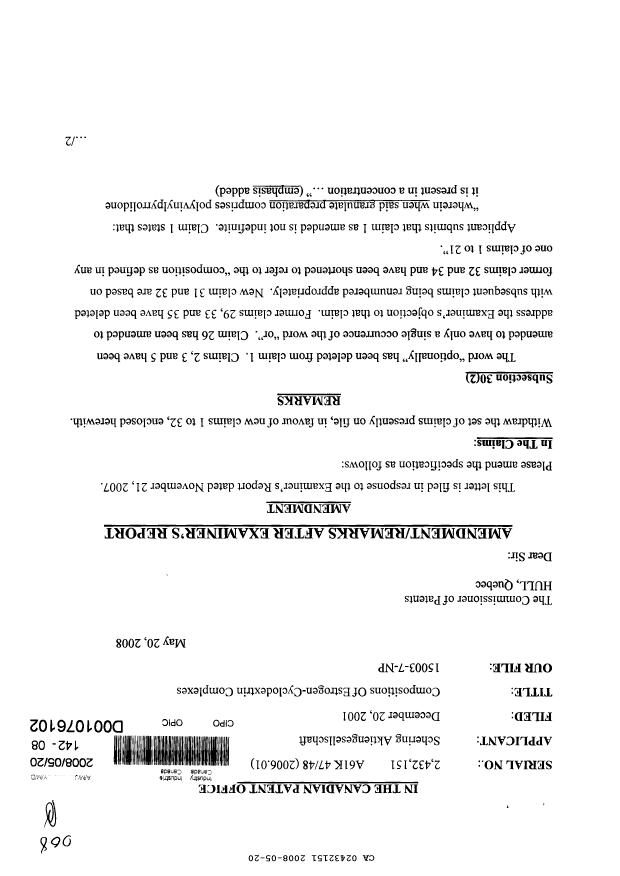 Canadian Patent Document 2432151. Prosecution-Amendment 20080520. Image 1 of 6