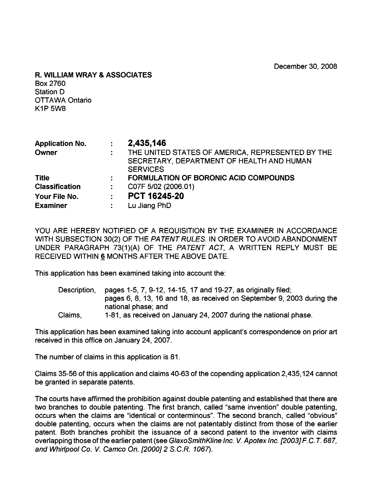 Document de brevet canadien 2435146. Poursuite-Amendment 20081230. Image 1 de 3