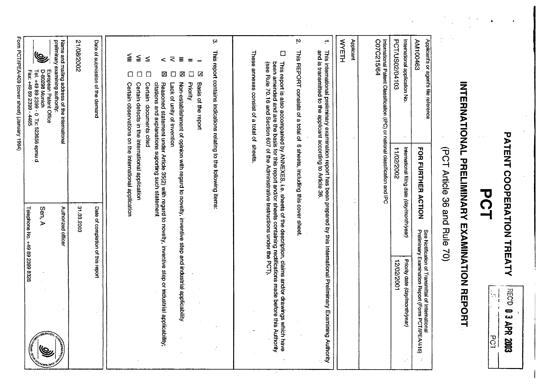 Document de brevet canadien 2436668. PCT 20021226. Image 1 de 6