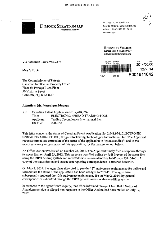 Canadian Patent Document 2448974. Prosecution-Amendment 20140506. Image 1 of 43