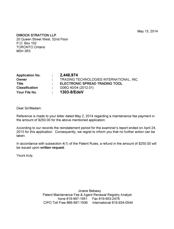 Canadian Patent Document 2448974. Correspondence 20140513. Image 1 of 1