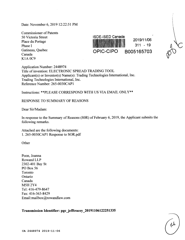 Canadian Patent Document 2448974. Letter to PAB 20191106. Image 1 of 14