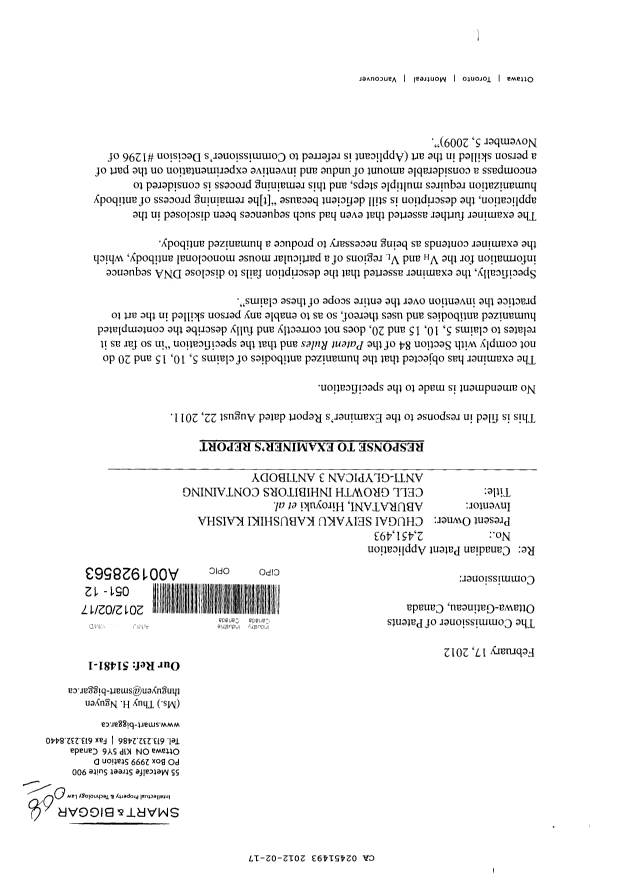 Canadian Patent Document 2451493. Prosecution-Amendment 20120217. Image 1 of 4