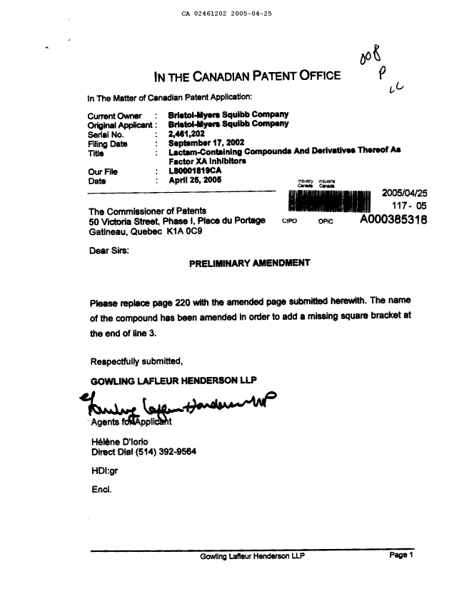 Canadian Patent Document 2461202. Prosecution-Amendment 20050425. Image 1 of 2