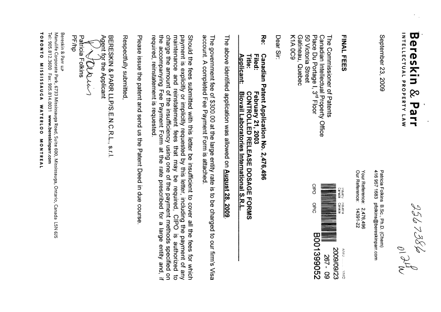 Document de brevet canadien 2476496. Correspondance 20090923. Image 1 de 1