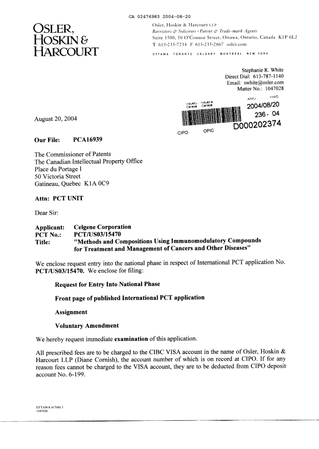 Document de brevet canadien 2476983. Cession 20040820. Image 1 de 5