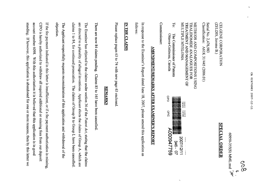 Document de brevet canadien 2476983. Poursuite-Amendment 20071211. Image 1 de 3