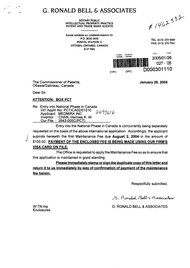 Document de brevet canadien 2493616. Taxes 20050126. Image 1 de 1