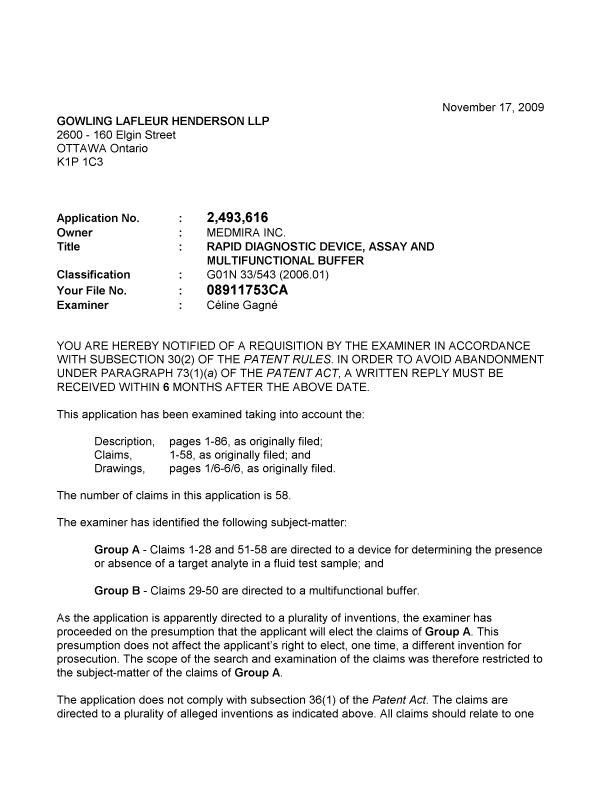 Document de brevet canadien 2493616. Poursuite-Amendment 20091117. Image 1 de 4