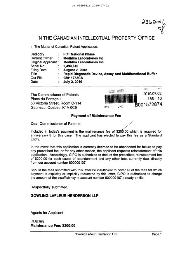 Document de brevet canadien 2493616. Taxes 20100702. Image 1 de 1
