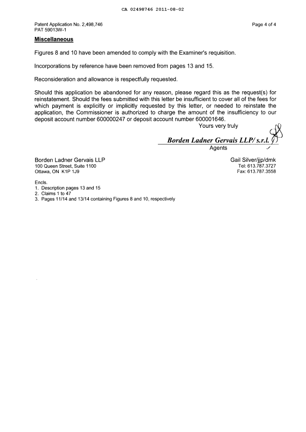 Document de brevet canadien 2498746. Correspondance 20110802. Image 4 de 4