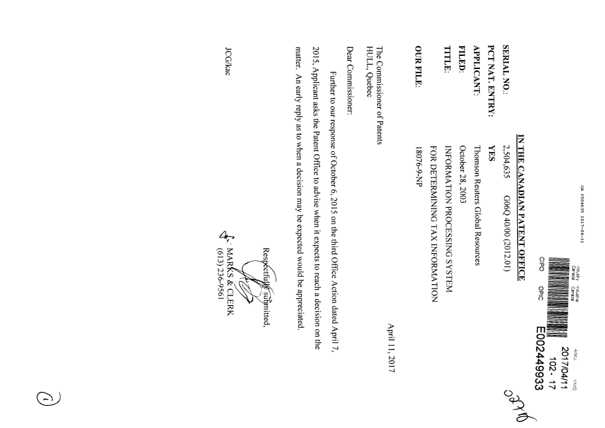 Document de brevet canadien 2504635. Correspondance de la poursuite 20170411. Image 1 de 1