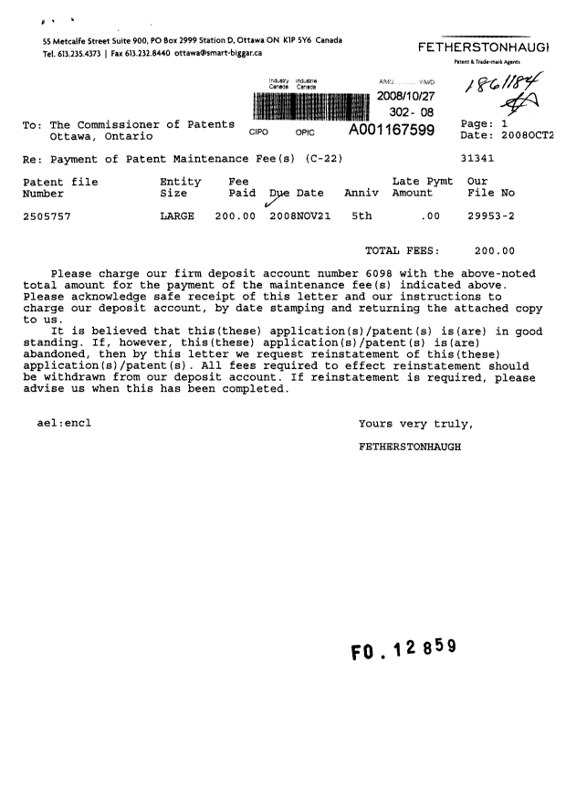 Document de brevet canadien 2505757. Taxes 20081027. Image 1 de 1