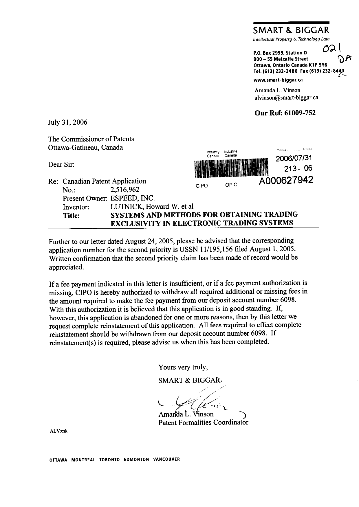 Document de brevet canadien 2516962. Correspondance 20060731. Image 1 de 1