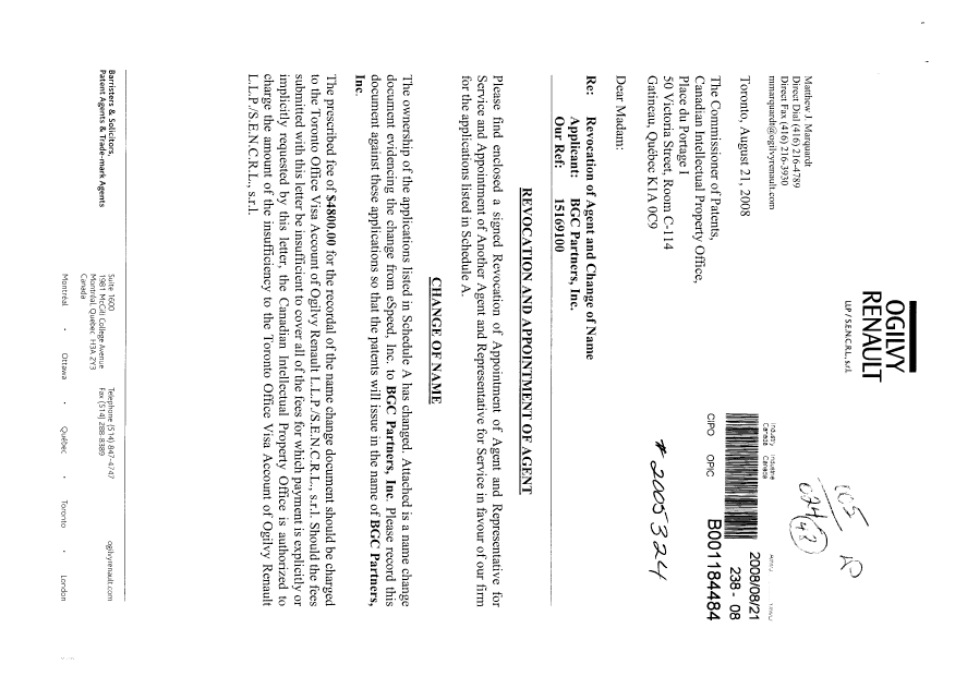 Document de brevet canadien 2516962. Cession 20080821. Image 1 de 21