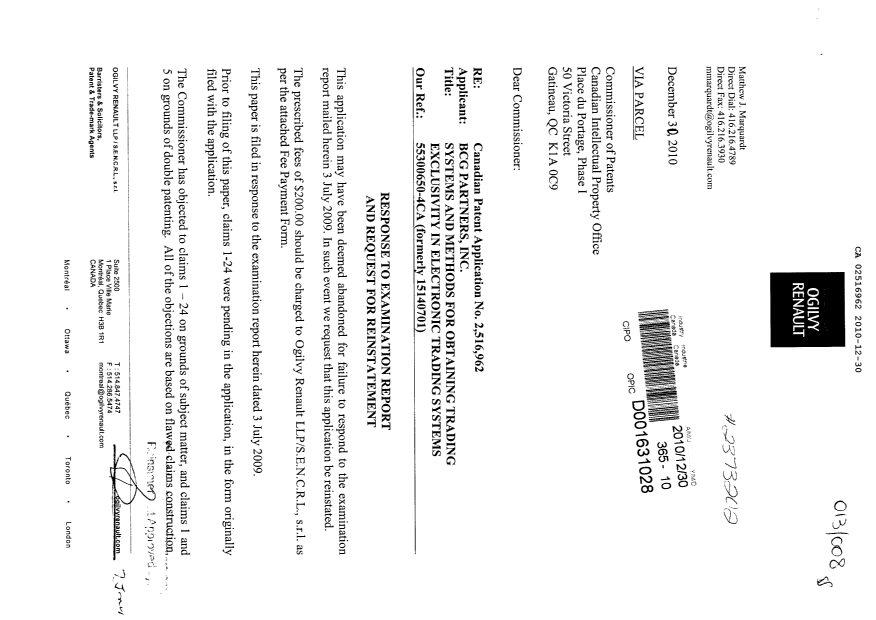 Document de brevet canadien 2516962. Poursuite-Amendment 20101230. Image 1 de 6