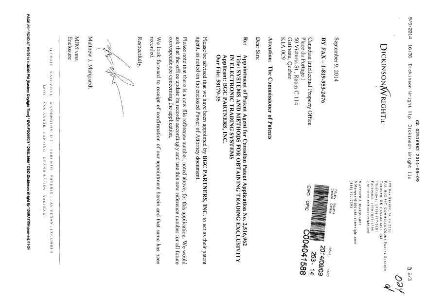 Document de brevet canadien 2516962. Correspondance 20140909. Image 1 de 3