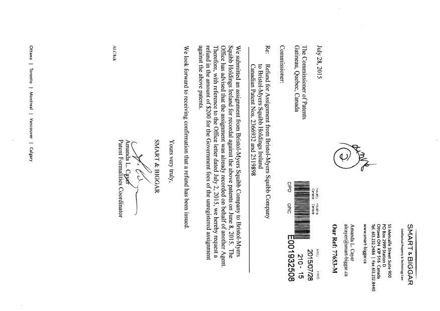 Document de brevet canadien 2519898. Correspondance 20141228. Image 1 de 1