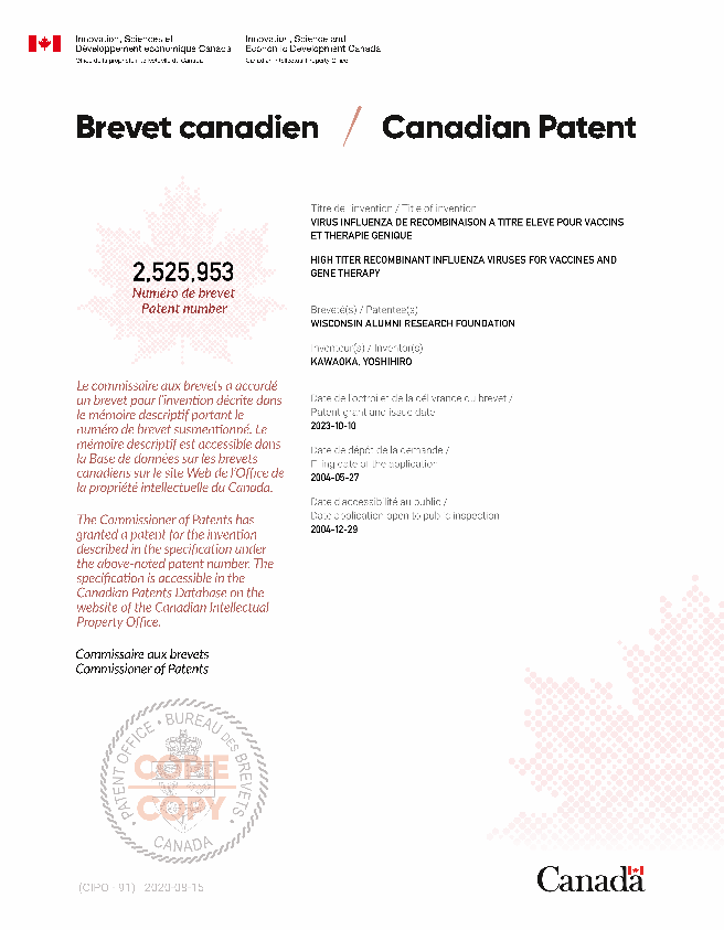 Canadian Patent Document 2525953. Electronic Grant Certificate 20231010. Image 1 of 1