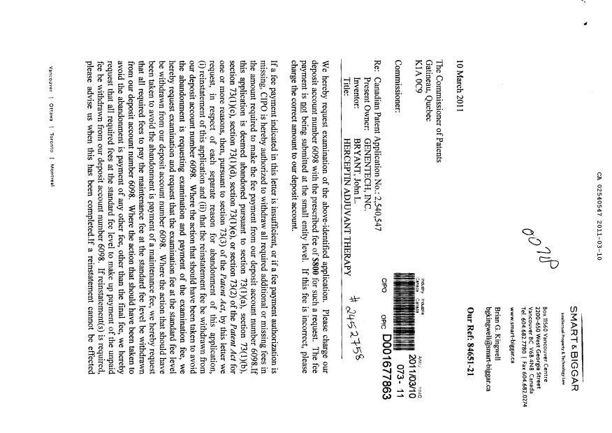 Document de brevet canadien 2540547. Poursuite-Amendment 20110310. Image 1 de 2