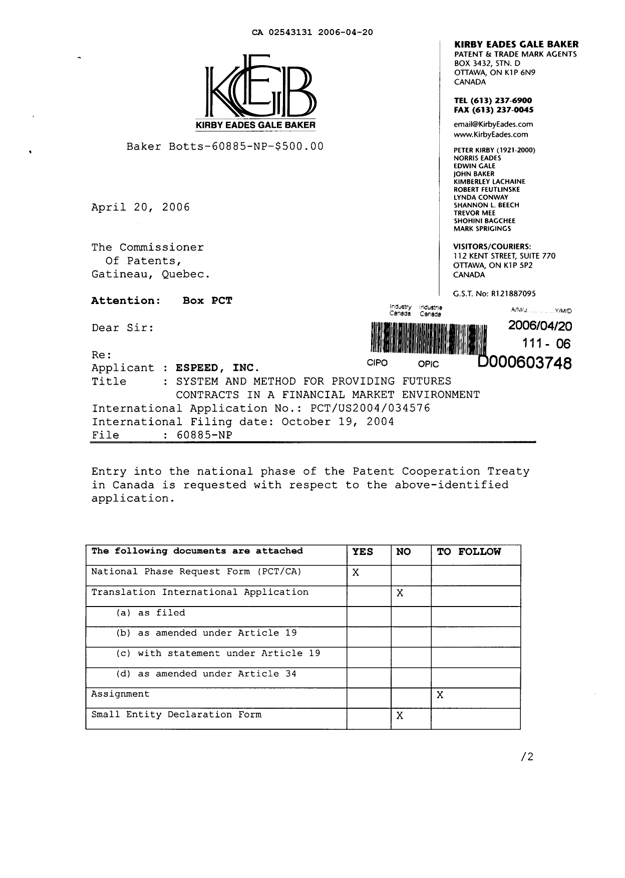 Document de brevet canadien 2543131. Cession 20060420. Image 1 de 4