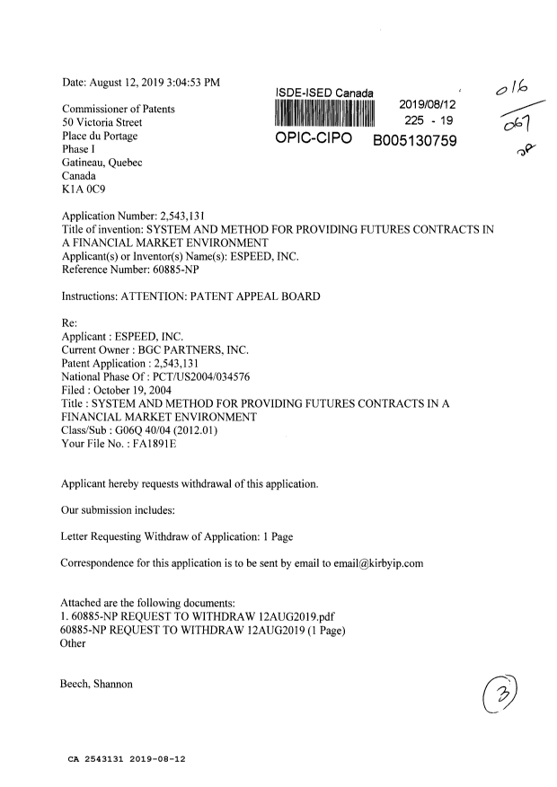 Canadian Patent Document 2543131. Withdraw Application 20190812. Image 1 of 3