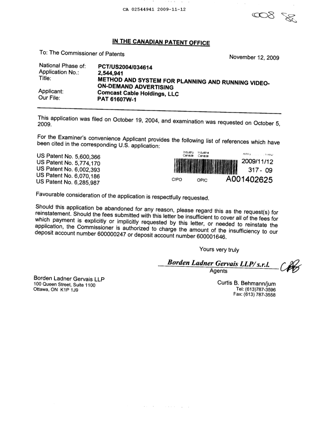 Document de brevet canadien 2544941. Poursuite-Amendment 20091112. Image 1 de 1