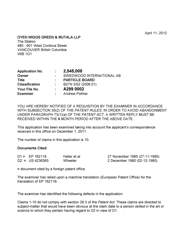 Canadian Patent Document 2545008. Prosecution-Amendment 20120411. Image 1 of 3